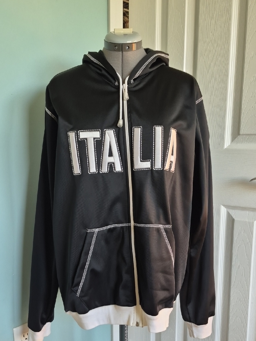 Italia Men's Black Hooded Zip Jacket, Made In Italy, Size XXL